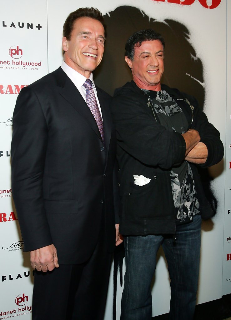 Arnold Schwarzenegger and Sylvester Stallone at the world movie premiere of Rambo