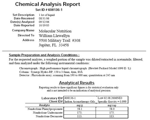 Eco Oils Sachet Nandrolone Mix - SRCS lab analysis submitted by William Llewellyn