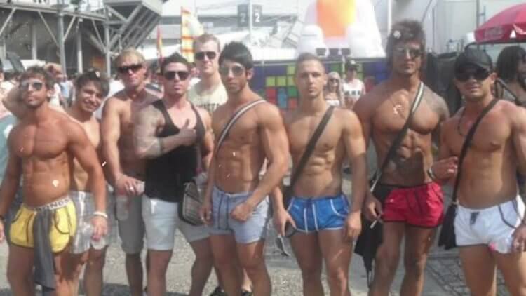 Zyzz (red shorts), and his crew at a music festival.