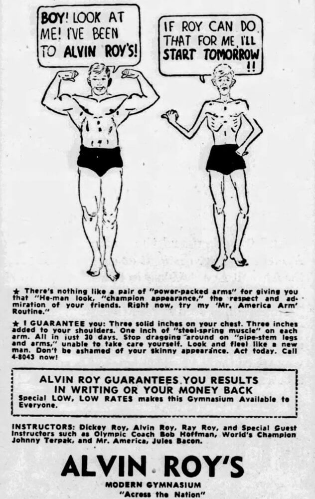 Advertisement for Alvin Roy's Modern Gymnasium in The Birmingham News (February 26, 1958)