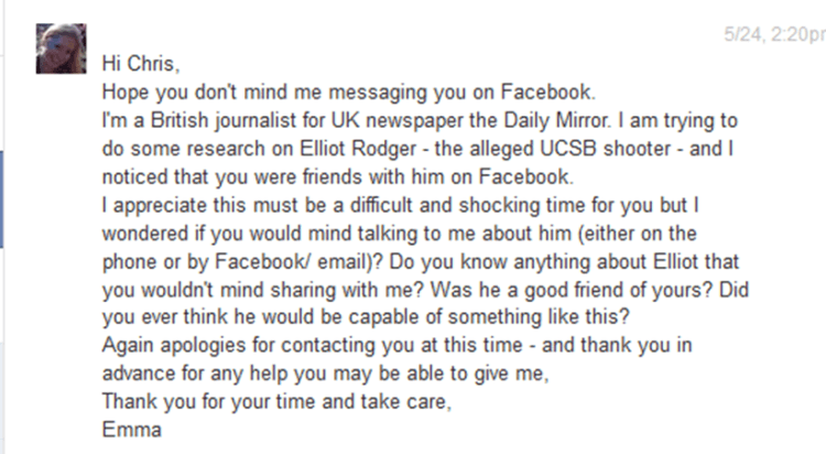 Emma Foster contacts Chris Atkin (an individual who was connected to a fake Elliott Rodger social media account