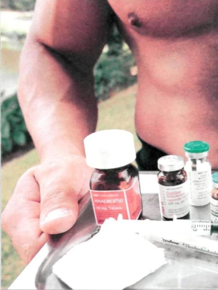 Steve Courson with a platter of steroids including Anadrol and Equipoise (Sports Illustrated)