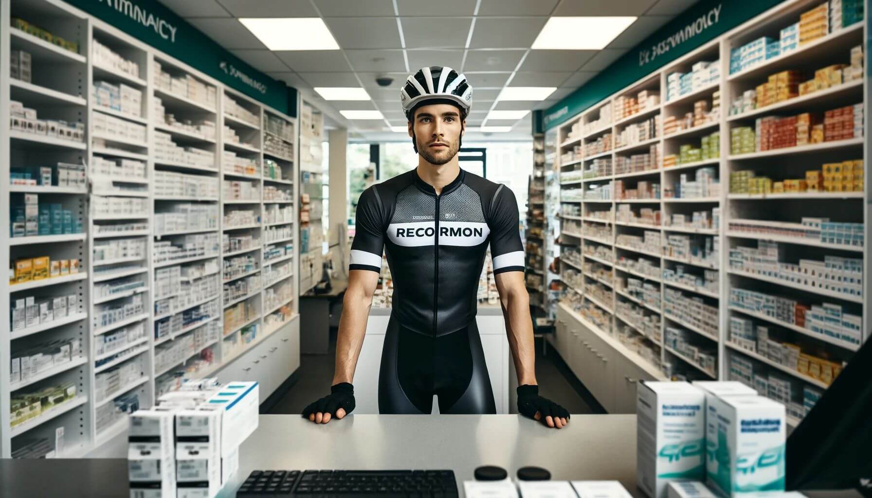 Cyclist in a pharmacy with neocormon