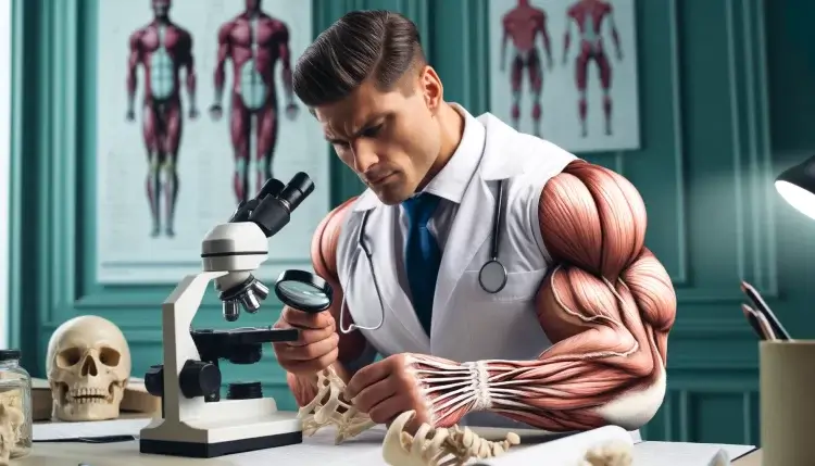 Bodybuilder scientist examining tendons under the microscope