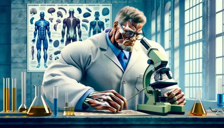 Mad scientist investigating steroids and hgh for optimal bone, ligament, tendon, strength