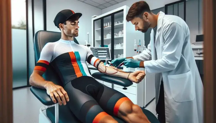 Phlebotomist drawing blood from cyclist