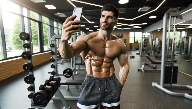 Male bodybuilder taking a selfie at the gym.